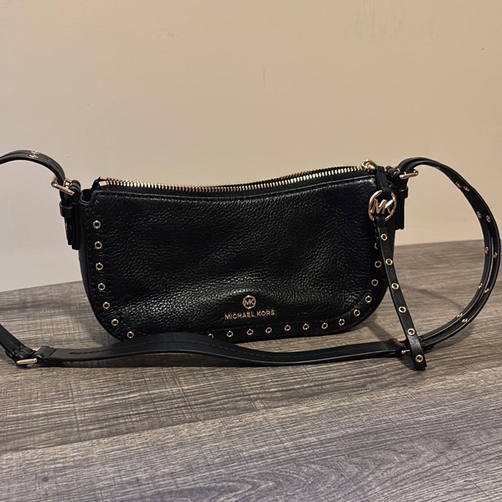 Michael Kors Black Leather Crossbody Bag with Metallic Accents